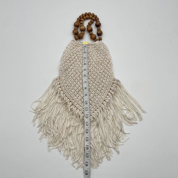 Boho Macrame Fringe Bag Wood Bead Handle Cream White Textured Woven Festival bag - Picture 2 of 6